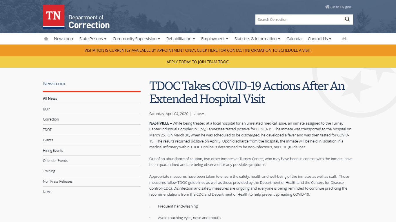 TDOC Takes COVID-19 Actions After An Extended ... - Tennessee